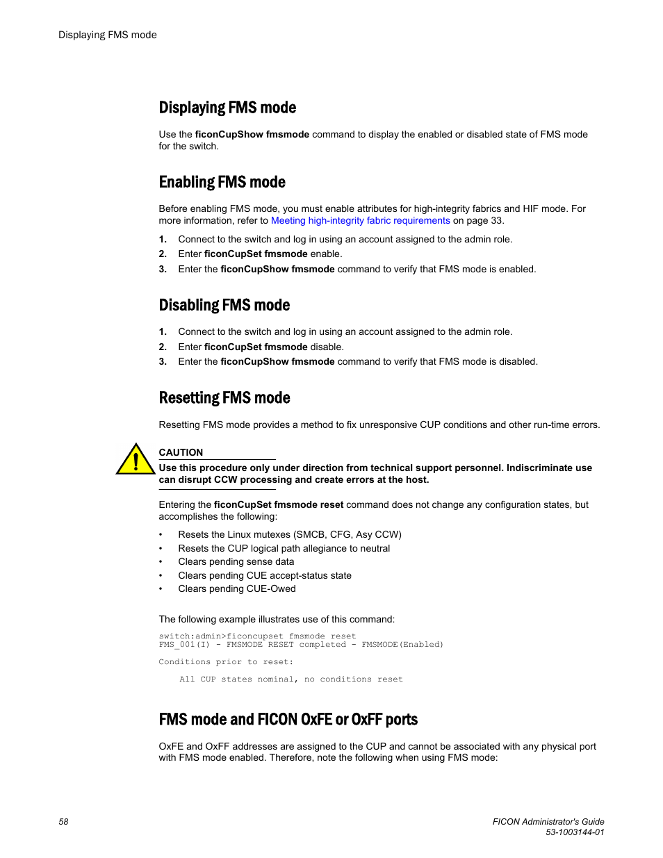 Displaying fms mode, Enabling fms mode, Disabling fms mode | Resetting fms mode, Fms mode and ficon oxfe or oxff ports | Brocade FICON Administrator’s Guide (Supporting Fabric OS v7.3.0) User Manual | Page 60 / 126