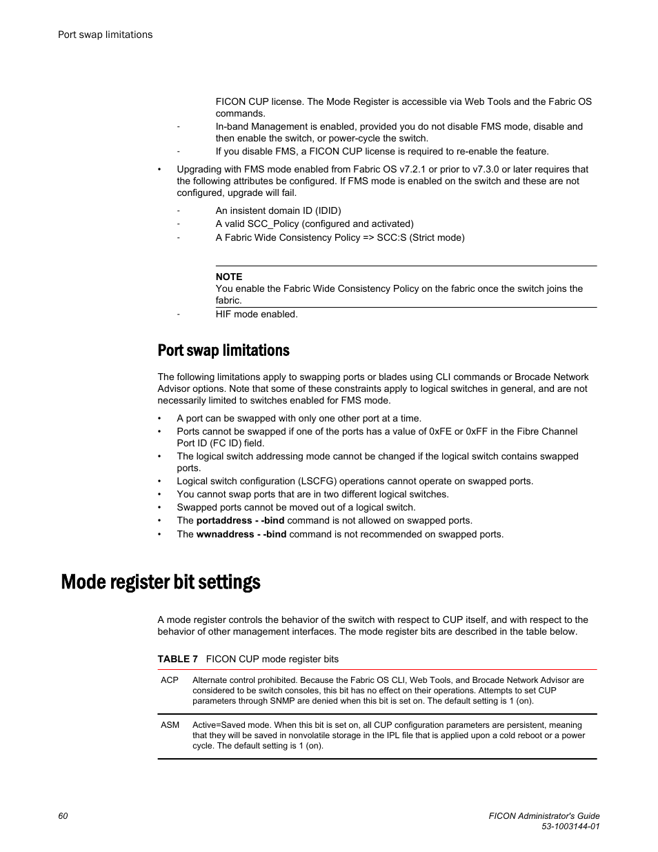 Port swap limitations, Mode register bit settings, Command to set the mode register bits. refer to | Mode register bit, Settings | Brocade FICON Administrator’s Guide (Supporting Fabric OS v7.3.0) User Manual | Page 62 / 126