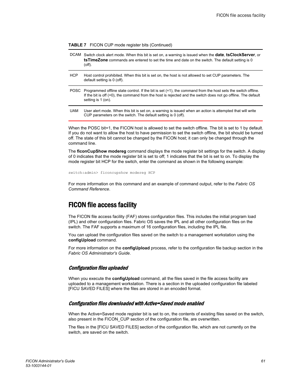 Ficon file access facility, Configuration files uploaded | Brocade FICON Administrator’s Guide (Supporting Fabric OS v7.3.0) User Manual | Page 63 / 126