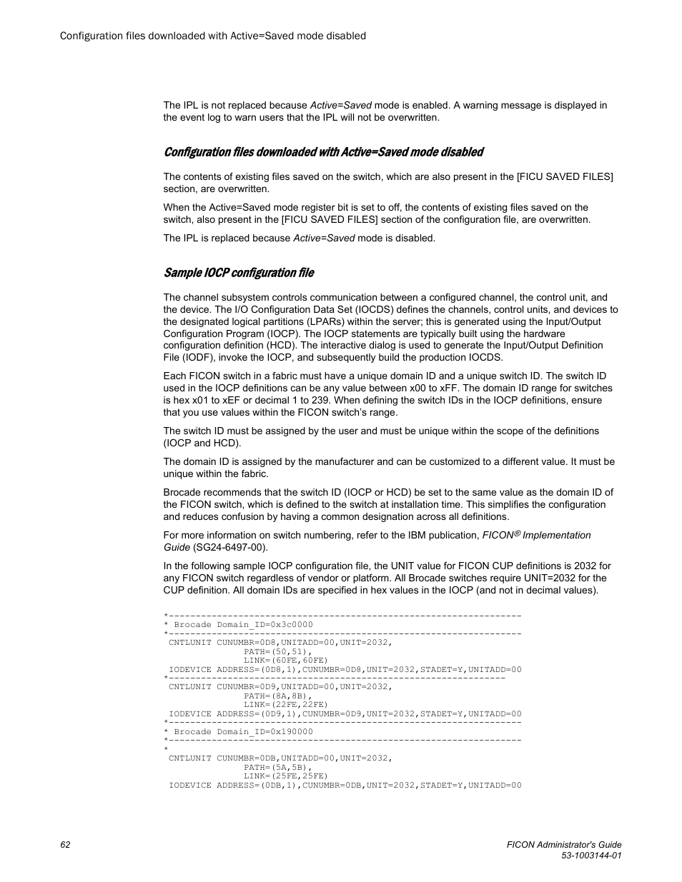 Sample iocp configuration file | Brocade FICON Administrator’s Guide (Supporting Fabric OS v7.3.0) User Manual | Page 64 / 126