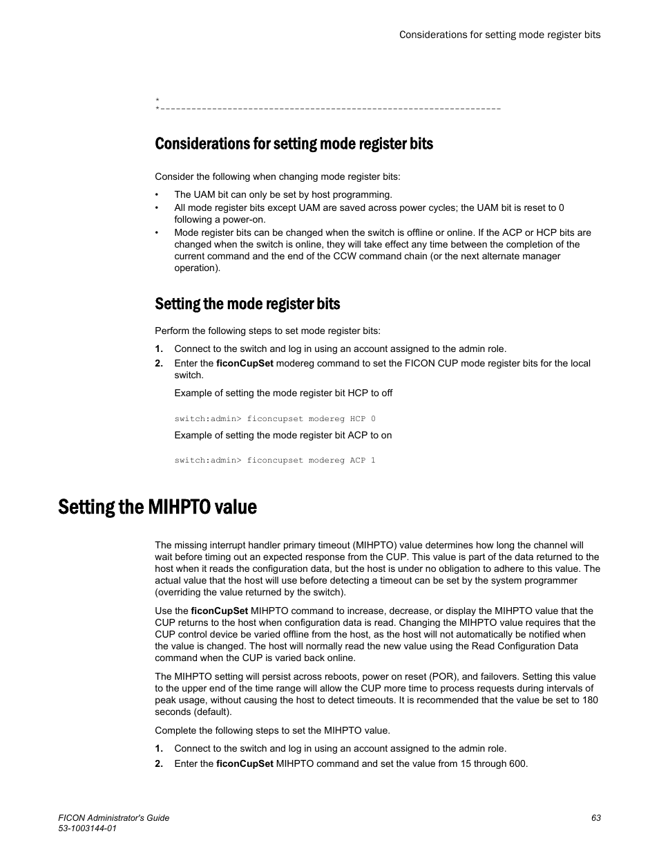 Considerations for setting mode register bits, Setting the mode register bits, Setting the mihpto value | Brocade FICON Administrator’s Guide (Supporting Fabric OS v7.3.0) User Manual | Page 65 / 126