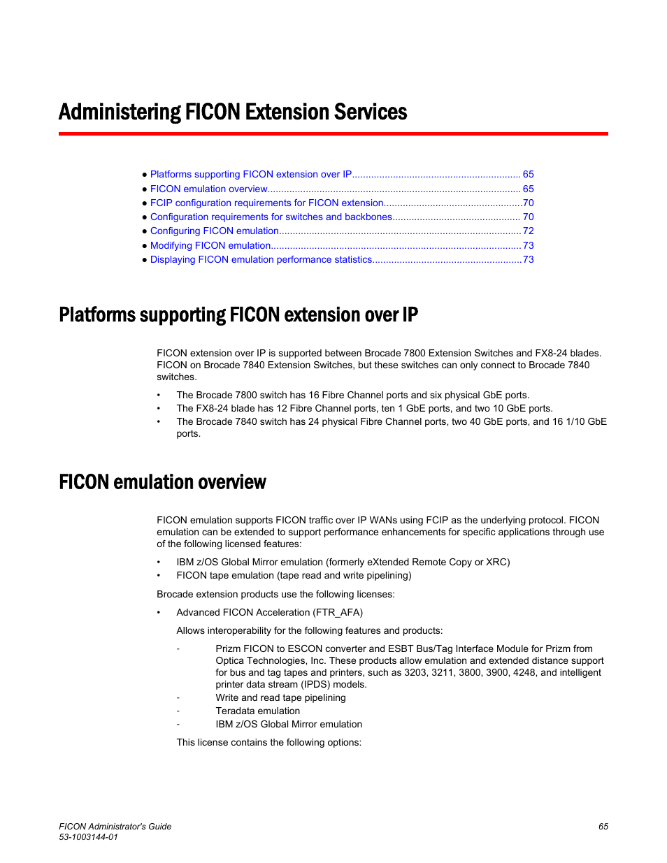 Administering ficon extension services, Platforms supporting ficon extension over ip, Ficon emulation overview | Brocade FICON Administrator’s Guide (Supporting Fabric OS v7.3.0) User Manual | Page 67 / 126