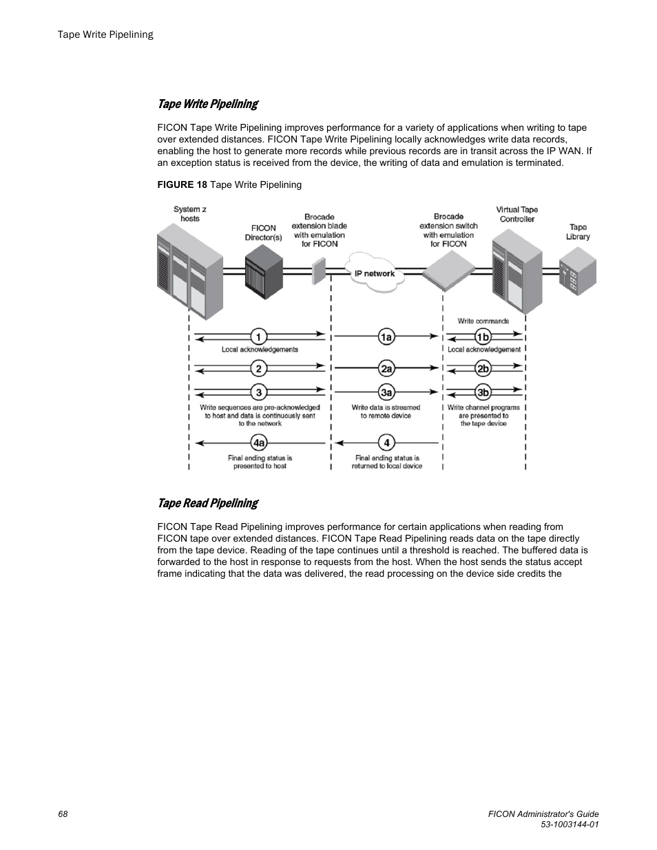 Tape write pipelining, Tape read pipelining | Brocade FICON Administrator’s Guide (Supporting Fabric OS v7.3.0) User Manual | Page 70 / 126