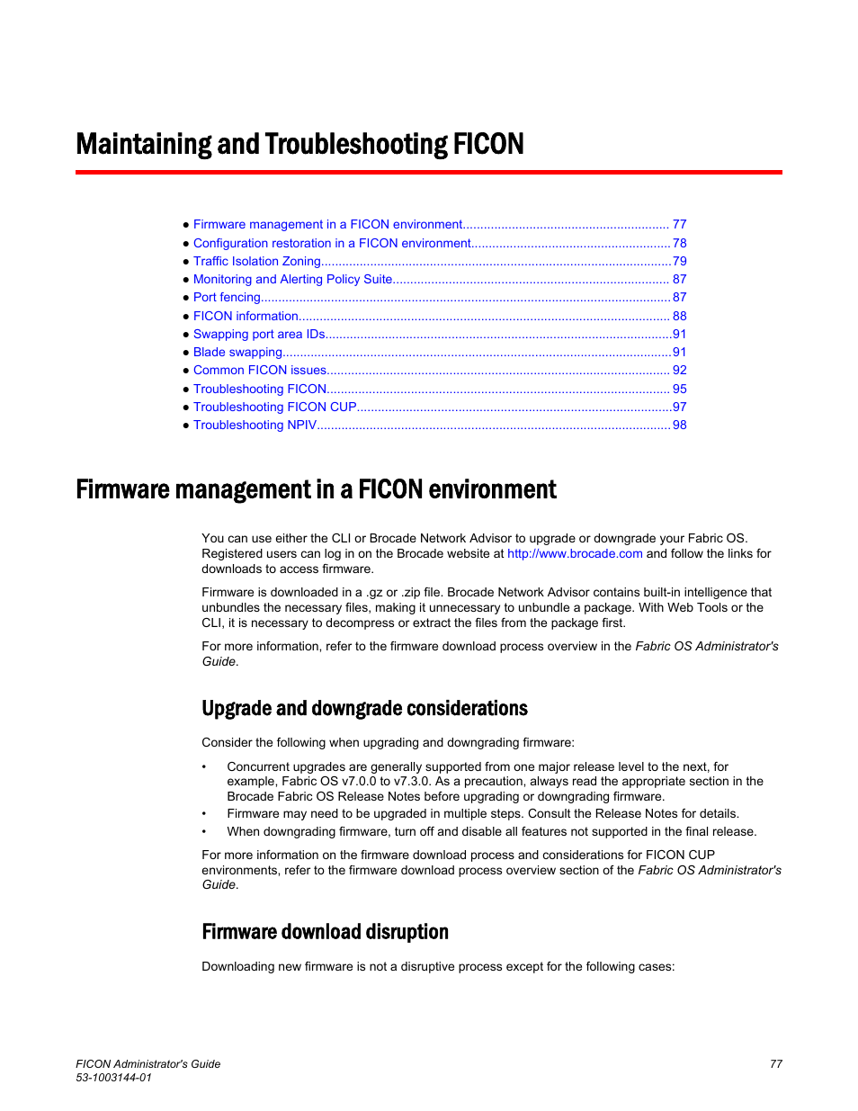 Maintaining and troubleshooting ficon, Firmware management in a ficon environment, Upgrade and downgrade considerations | Firmware download disruption | Brocade FICON Administrator’s Guide (Supporting Fabric OS v7.3.0) User Manual | Page 79 / 126