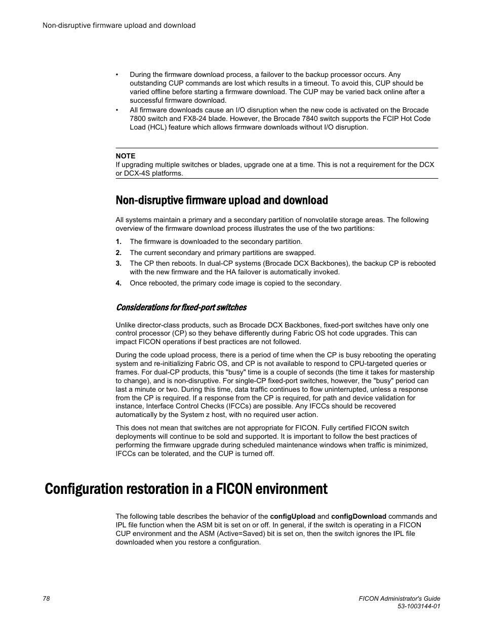 Non-disruptive firmware upload and download, Considerations for fixed-port switches, Configuration restoration in a ficon environment | Brocade FICON Administrator’s Guide (Supporting Fabric OS v7.3.0) User Manual | Page 80 / 126