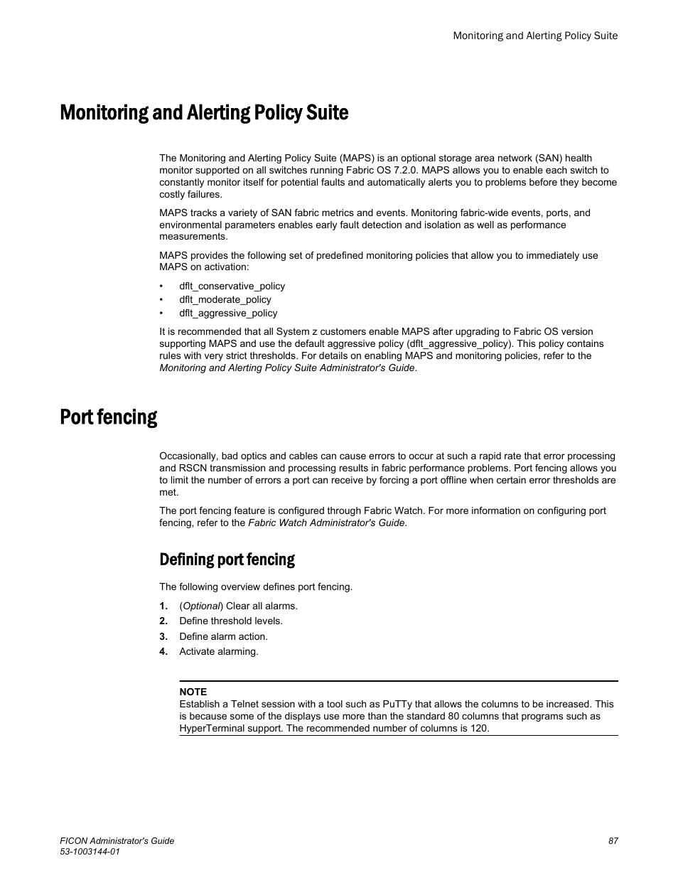 Monitoring and alerting policy suite, Port fencing, Defining port fencing | Monitoring and alerting policy suite port fencing, Added | Brocade FICON Administrator’s Guide (Supporting Fabric OS v7.3.0) User Manual | Page 89 / 126