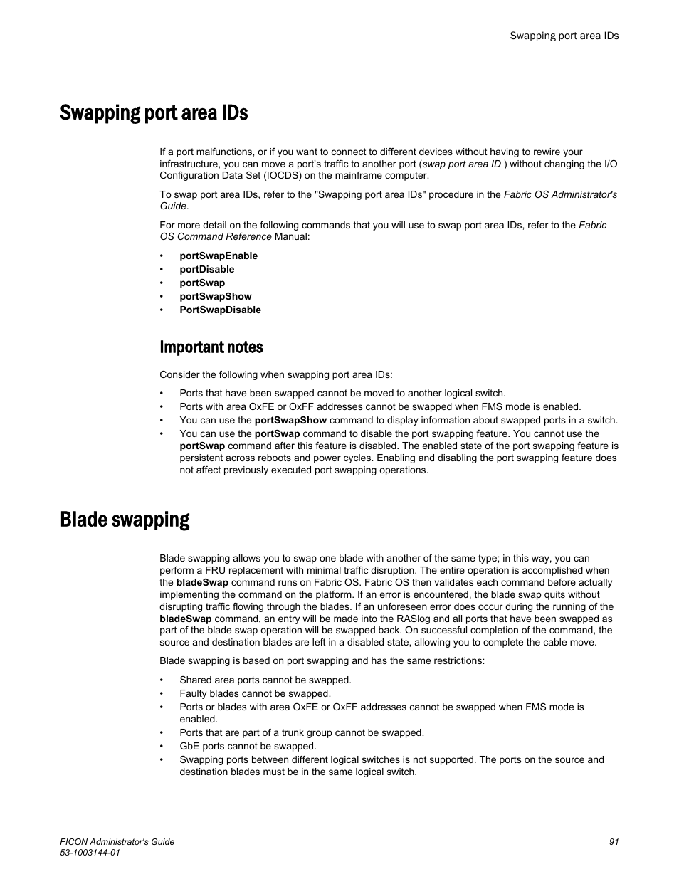 Swapping port area ids, Important notes, Blade swapping | Brocade FICON Administrator’s Guide (Supporting Fabric OS v7.3.0) User Manual | Page 93 / 126