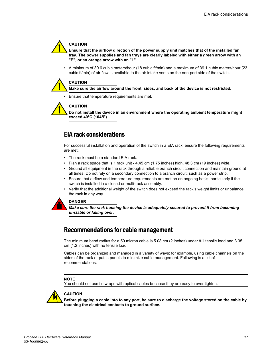 Eia rack considerations, Recommendations for cable management | Brocade 300 Hardware Reference Manual User Manual | Page 17 / 52