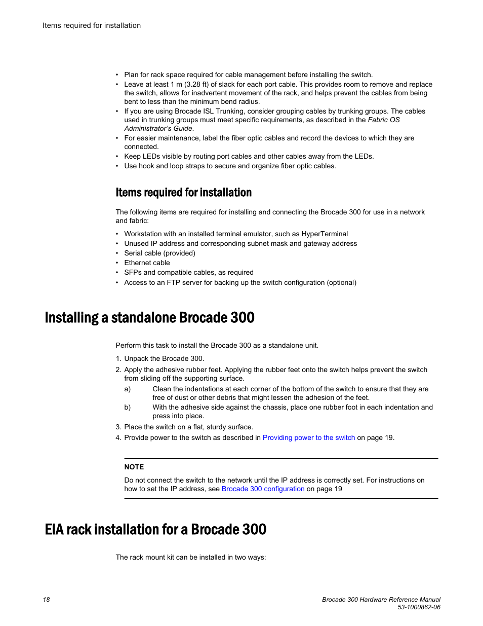 Items required for installation, Installing a standalone brocade 300, Eia rack installation for a brocade 300 | Brocade 300 Hardware Reference Manual User Manual | Page 18 / 52