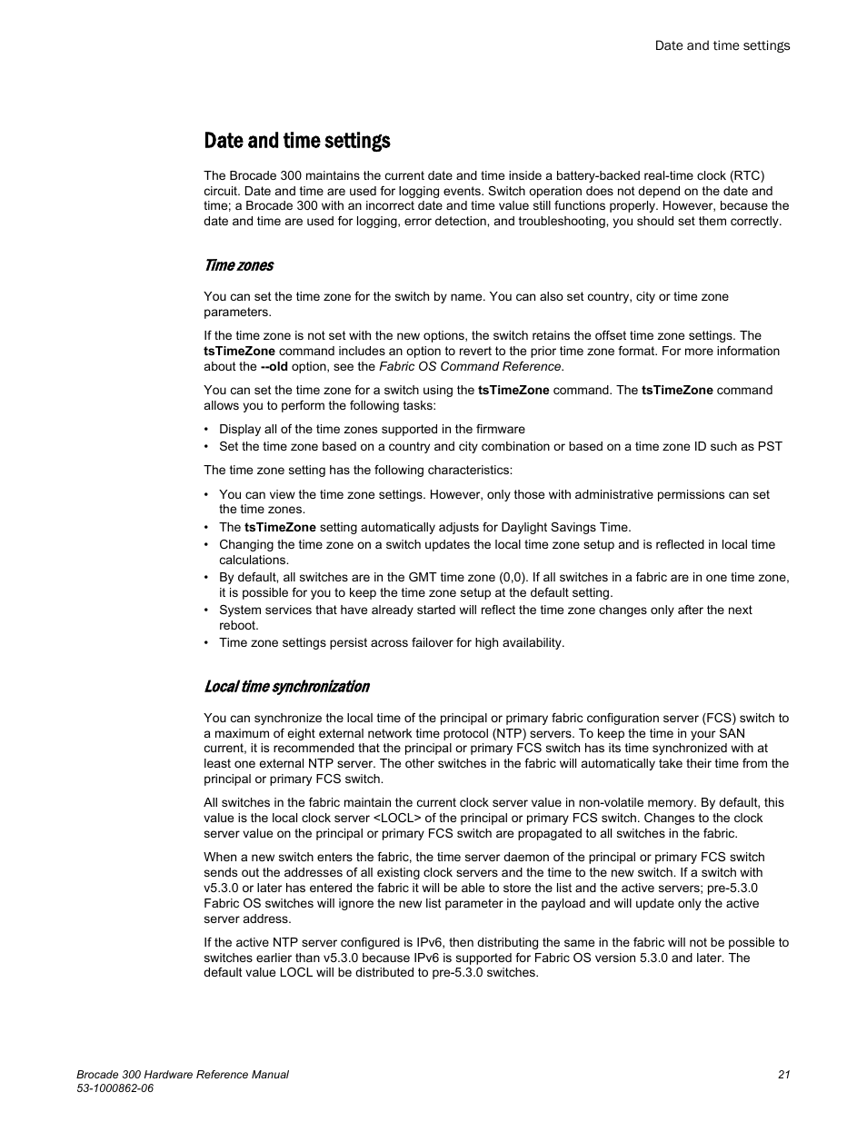 Date and time settings, Time zones, Local time synchronization | Brocade 300 Hardware Reference Manual User Manual | Page 21 / 52