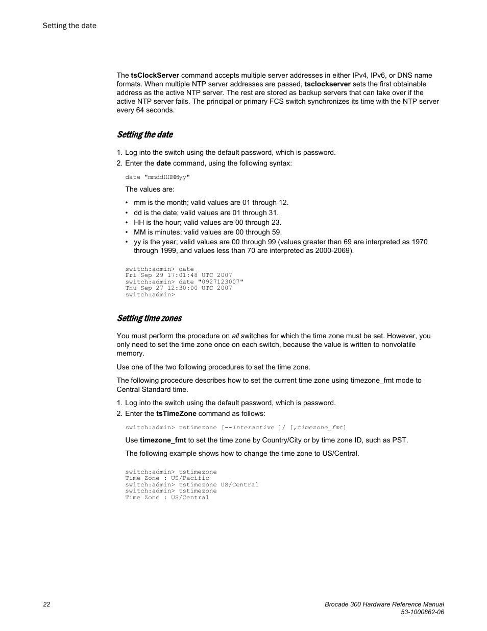 Setting the date, Setting time zones | Brocade 300 Hardware Reference Manual User Manual | Page 22 / 52