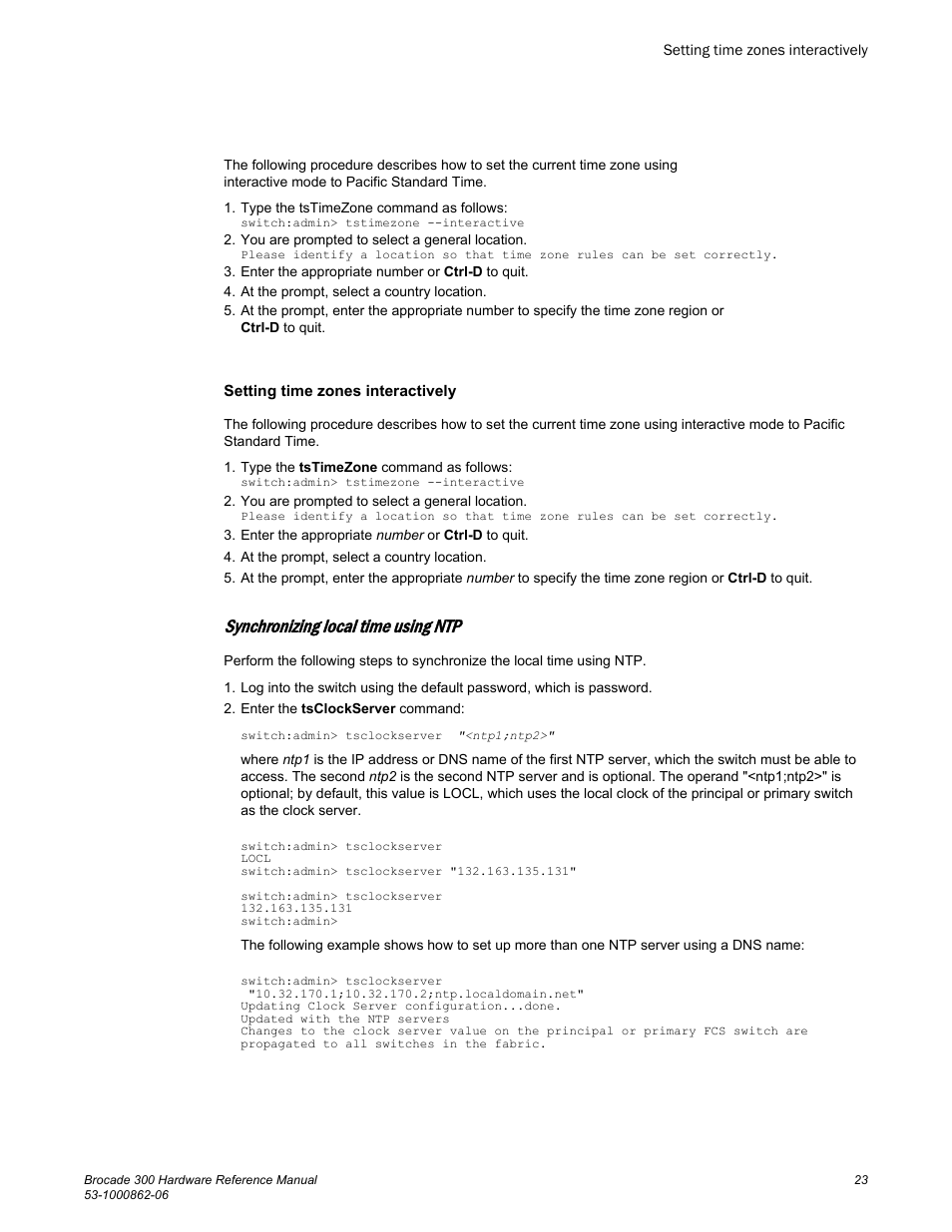Setting time zones interactively, Synchronizing local time using ntp | Brocade 300 Hardware Reference Manual User Manual | Page 23 / 52