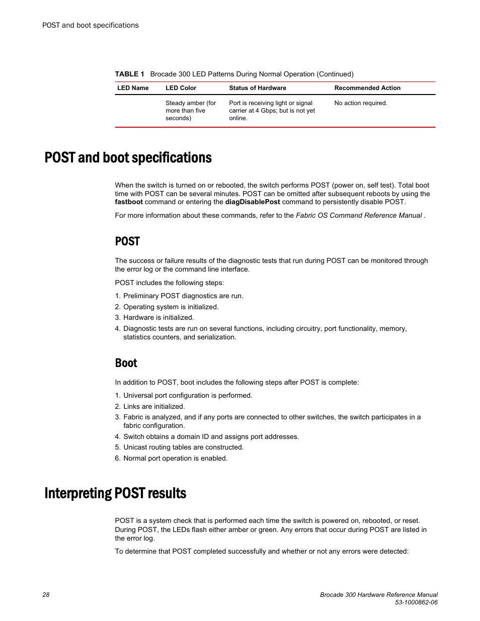 Post and boot specifications, Post, Boot | Interpreting post results, Post boot | Brocade 300 Hardware Reference Manual User Manual | Page 28 / 52