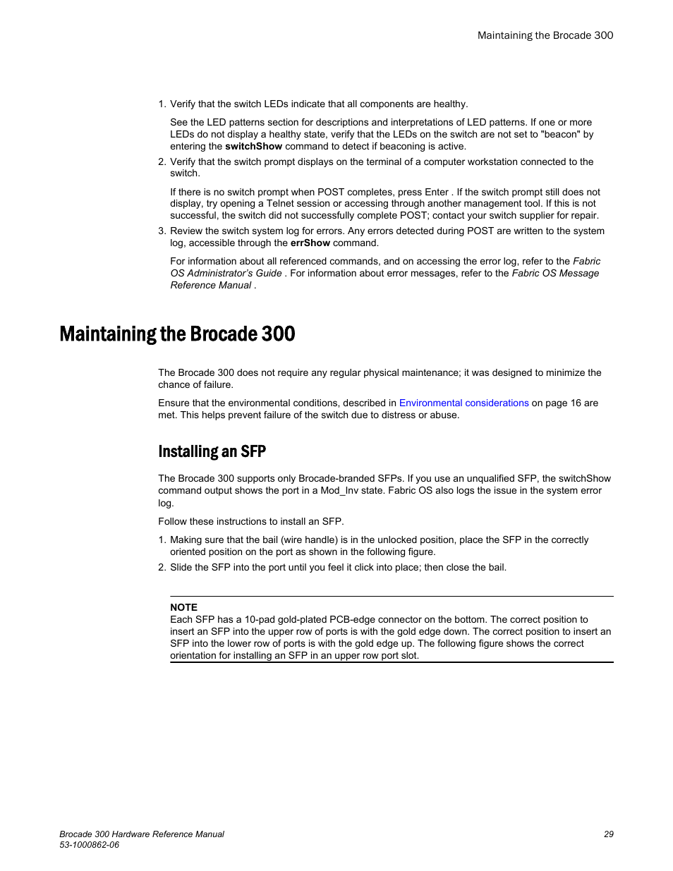 Maintaining the brocade 300, Installing an sfp | Brocade 300 Hardware Reference Manual User Manual | Page 29 / 52