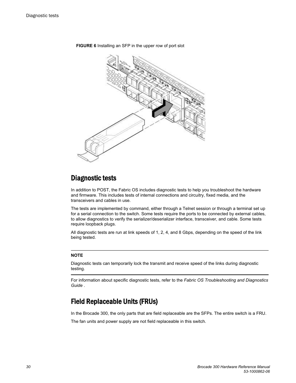 Diagnostic tests, Field replaceable units (frus), Diagnostic tests field replaceable units (frus) | Brocade 300 Hardware Reference Manual User Manual | Page 30 / 52