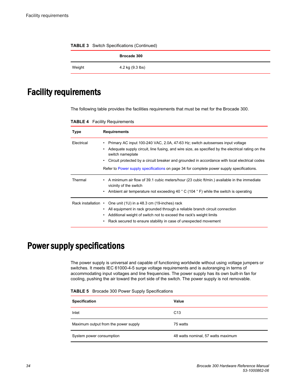 Facility requirements, Power supply specifications, Facility requirements power supply specifications | Brocade 300 Hardware Reference Manual User Manual | Page 34 / 52