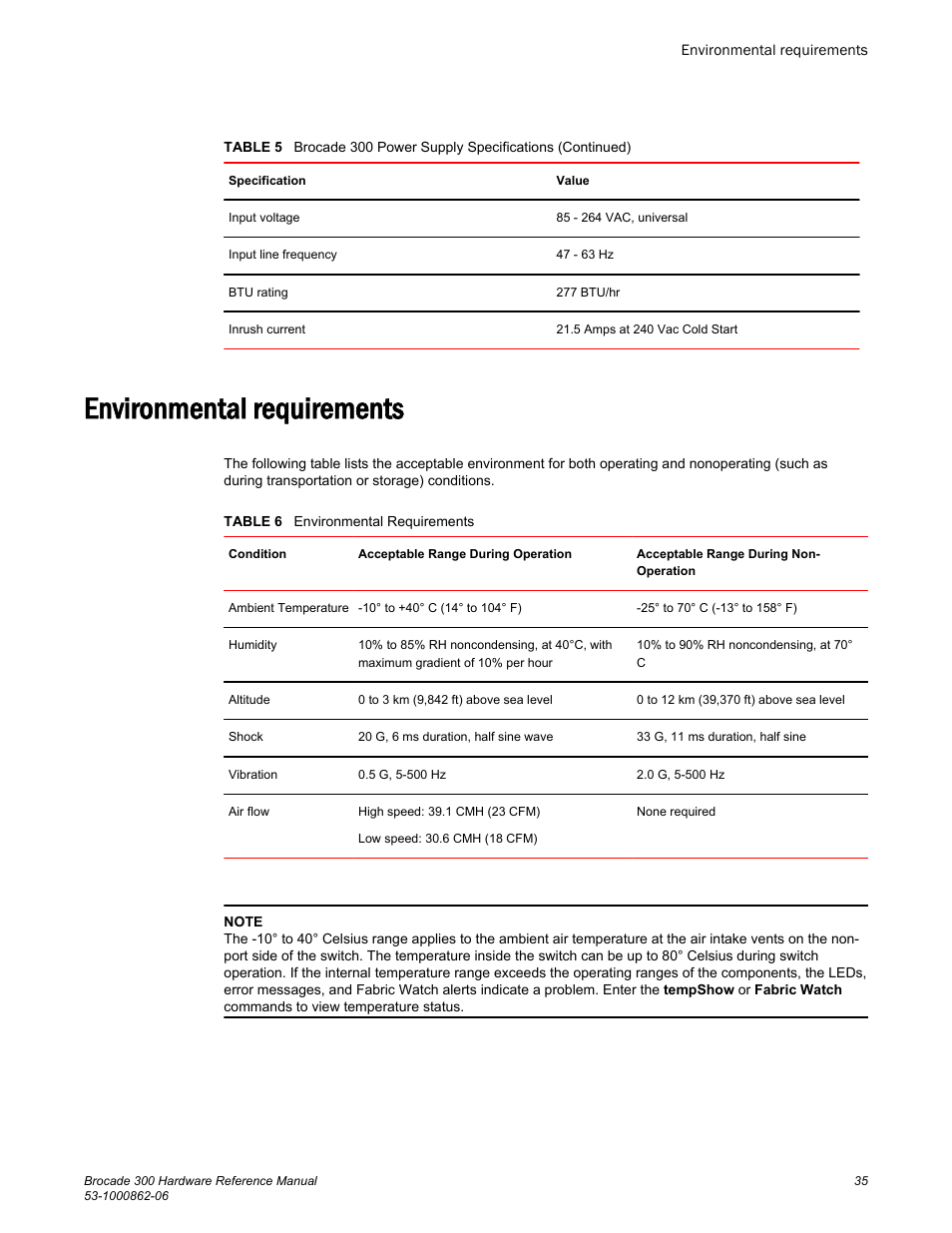 Environmental requirements | Brocade 300 Hardware Reference Manual User Manual | Page 35 / 52