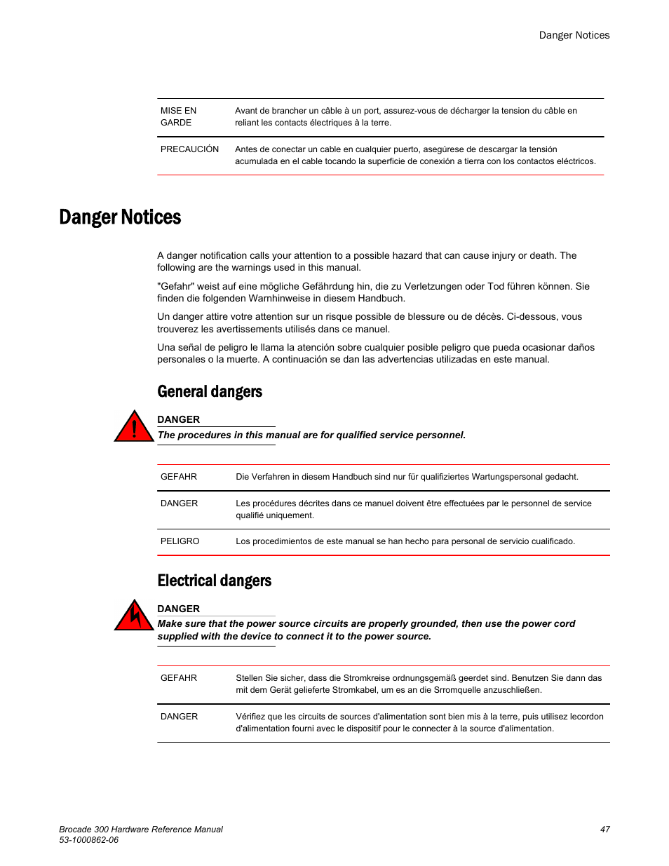 Danger notices, General dangers, Electrical dangers | Brocade 300 Hardware Reference Manual User Manual | Page 47 / 52