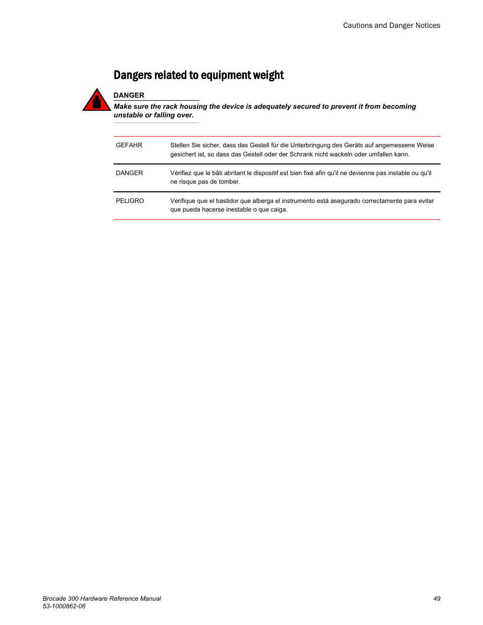 Dangers related to equipment weight | Brocade 300 Hardware Reference Manual User Manual | Page 49 / 52