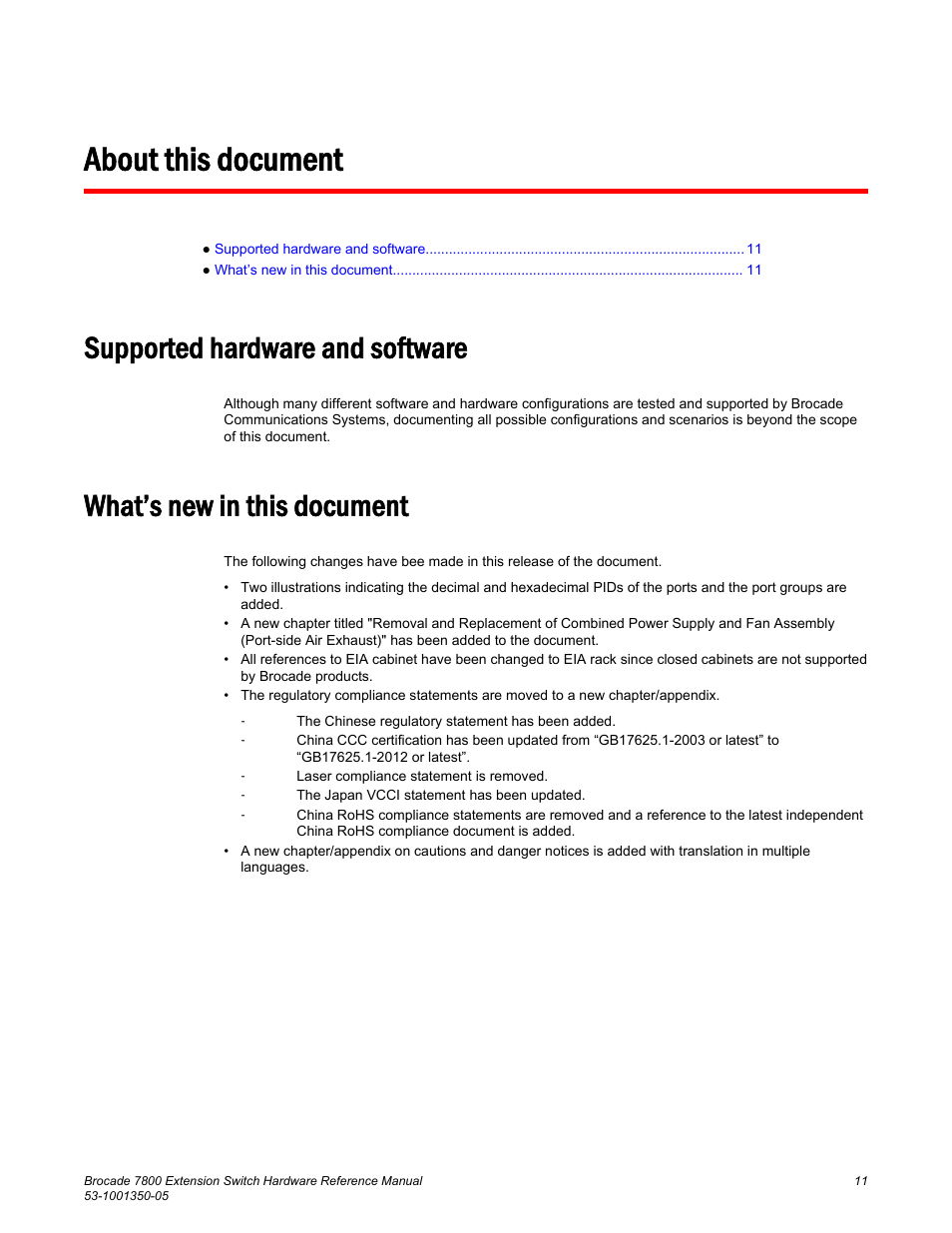 About this document, Supported hardware and software, What’s new in this document | Brocade 7800 Extension Switch Hardware Reference Manual User Manual | Page 11 / 66