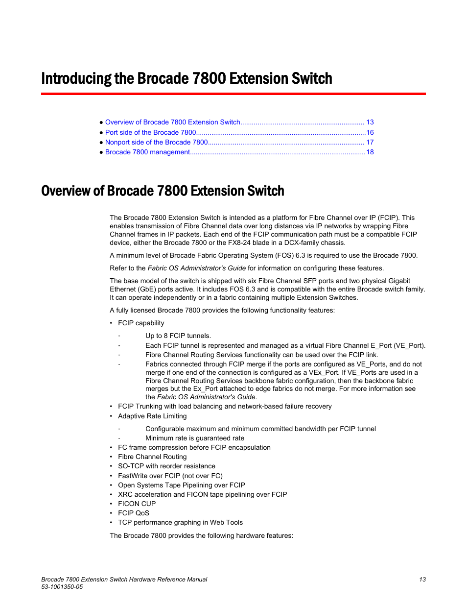 Introducing the brocade 7800 extension switch, Overview of brocade 7800 extension switch | Brocade 7800 Extension Switch Hardware Reference Manual User Manual | Page 13 / 66