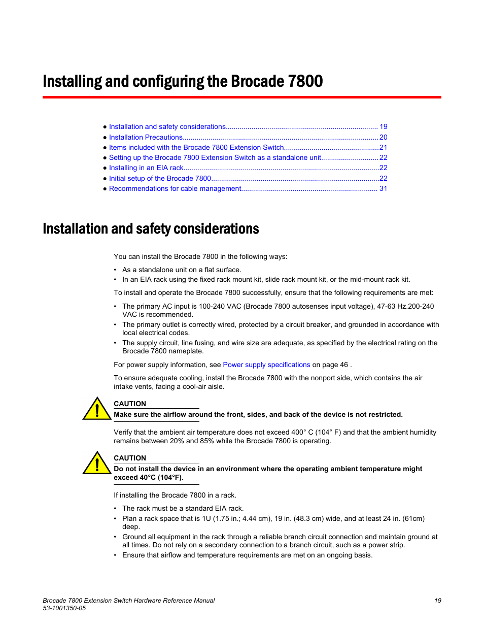 Installing and configuring the brocade 7800, Installation and safety considerations | Brocade 7800 Extension Switch Hardware Reference Manual User Manual | Page 19 / 66