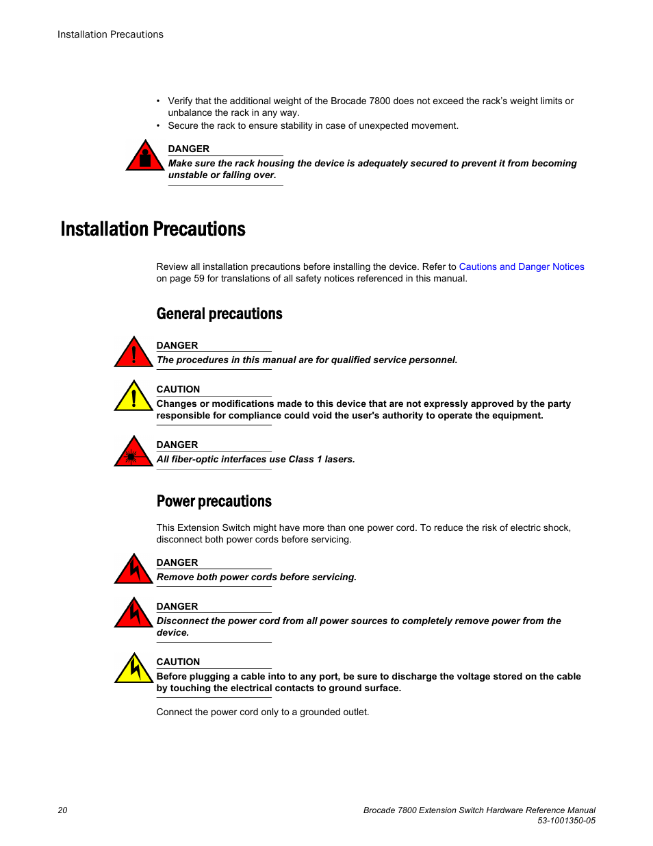 Installation precautions, General precautions, Power precautions | General precautions power precautions | Brocade 7800 Extension Switch Hardware Reference Manual User Manual | Page 20 / 66