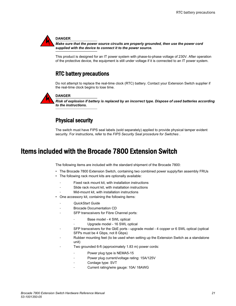 Rtc battery precautions, Physical security, Rtc battery precautions physical security | Brocade 7800 Extension Switch Hardware Reference Manual User Manual | Page 21 / 66