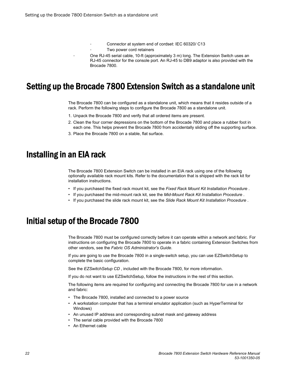 Installing in an eia rack, Initial setup of the brocade 7800 | Brocade 7800 Extension Switch Hardware Reference Manual User Manual | Page 22 / 66