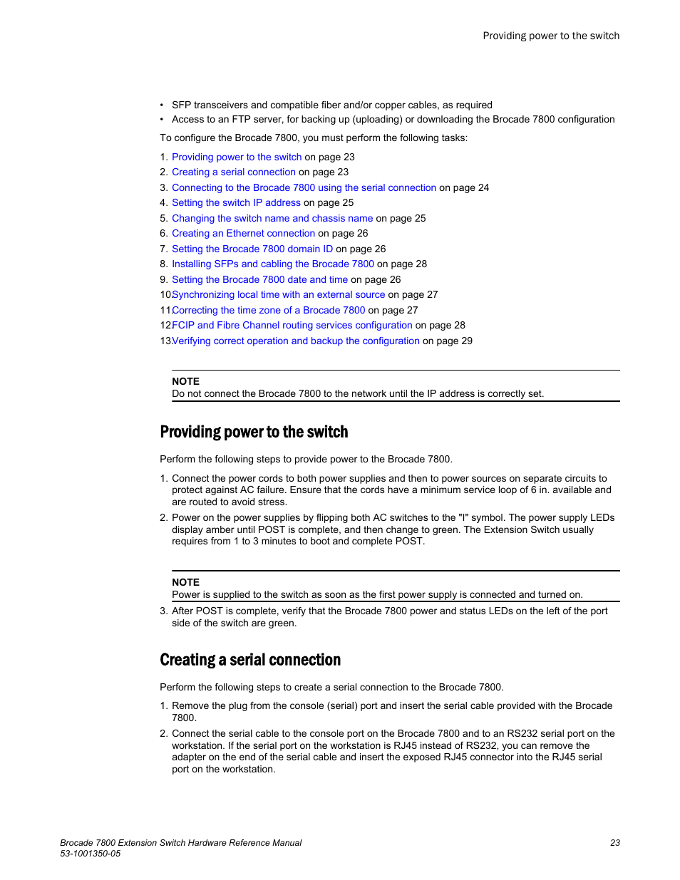 Providing power to the switch, Creating a serial connection | Brocade 7800 Extension Switch Hardware Reference Manual User Manual | Page 23 / 66