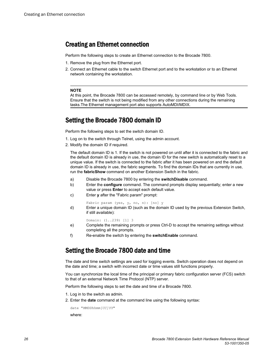 Creating an ethernet connection, Setting the brocade 7800 domain id, Setting the brocade 7800 date and time | Brocade 7800 Extension Switch Hardware Reference Manual User Manual | Page 26 / 66