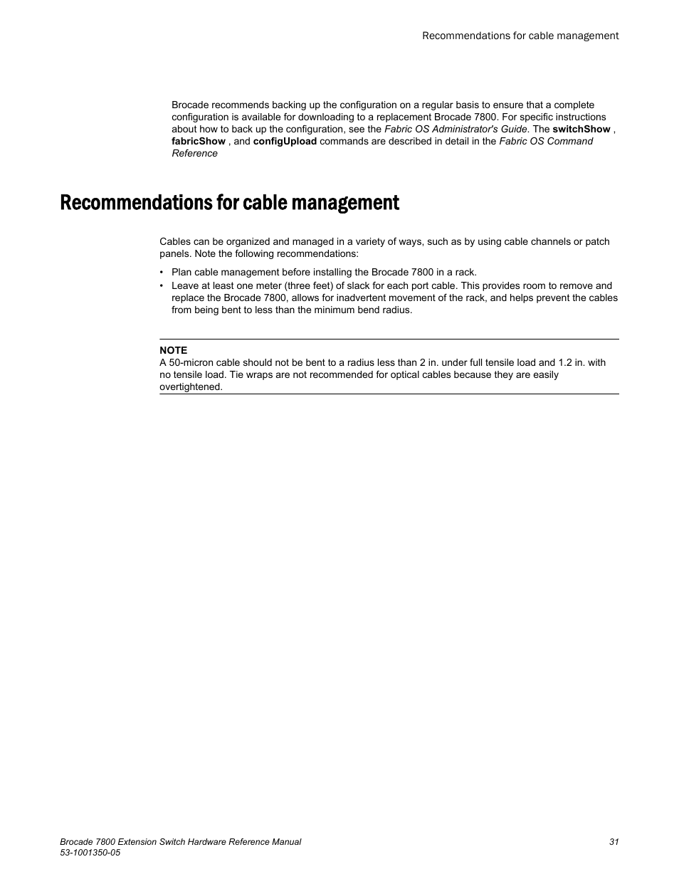 Recommendations for cable management | Brocade 7800 Extension Switch Hardware Reference Manual User Manual | Page 31 / 66