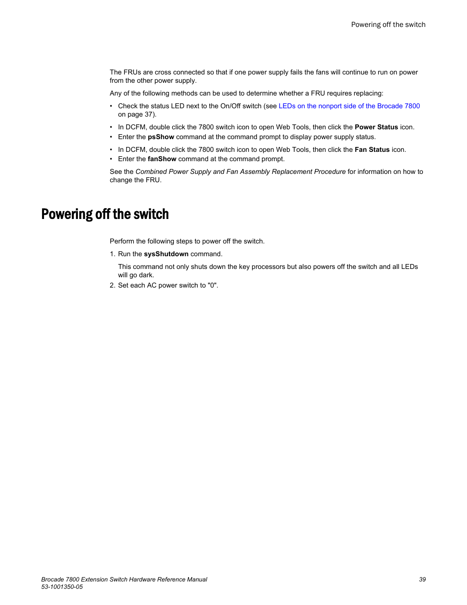 Powering off the switch | Brocade 7800 Extension Switch Hardware Reference Manual User Manual | Page 39 / 66