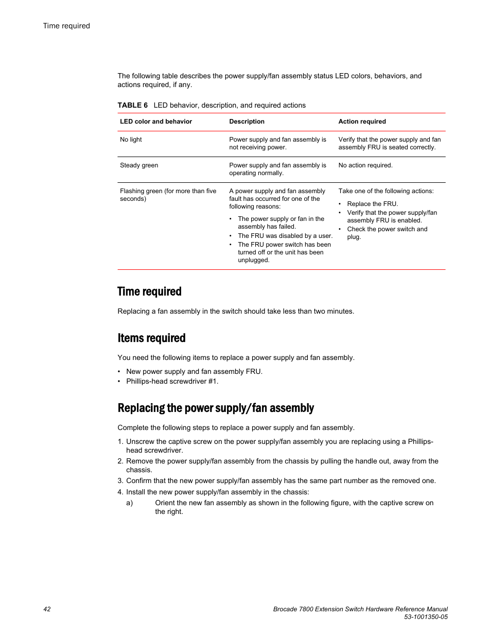 Time required, Items required, Replacing the power supply/fan assembly | Brocade 7800 Extension Switch Hardware Reference Manual User Manual | Page 42 / 66