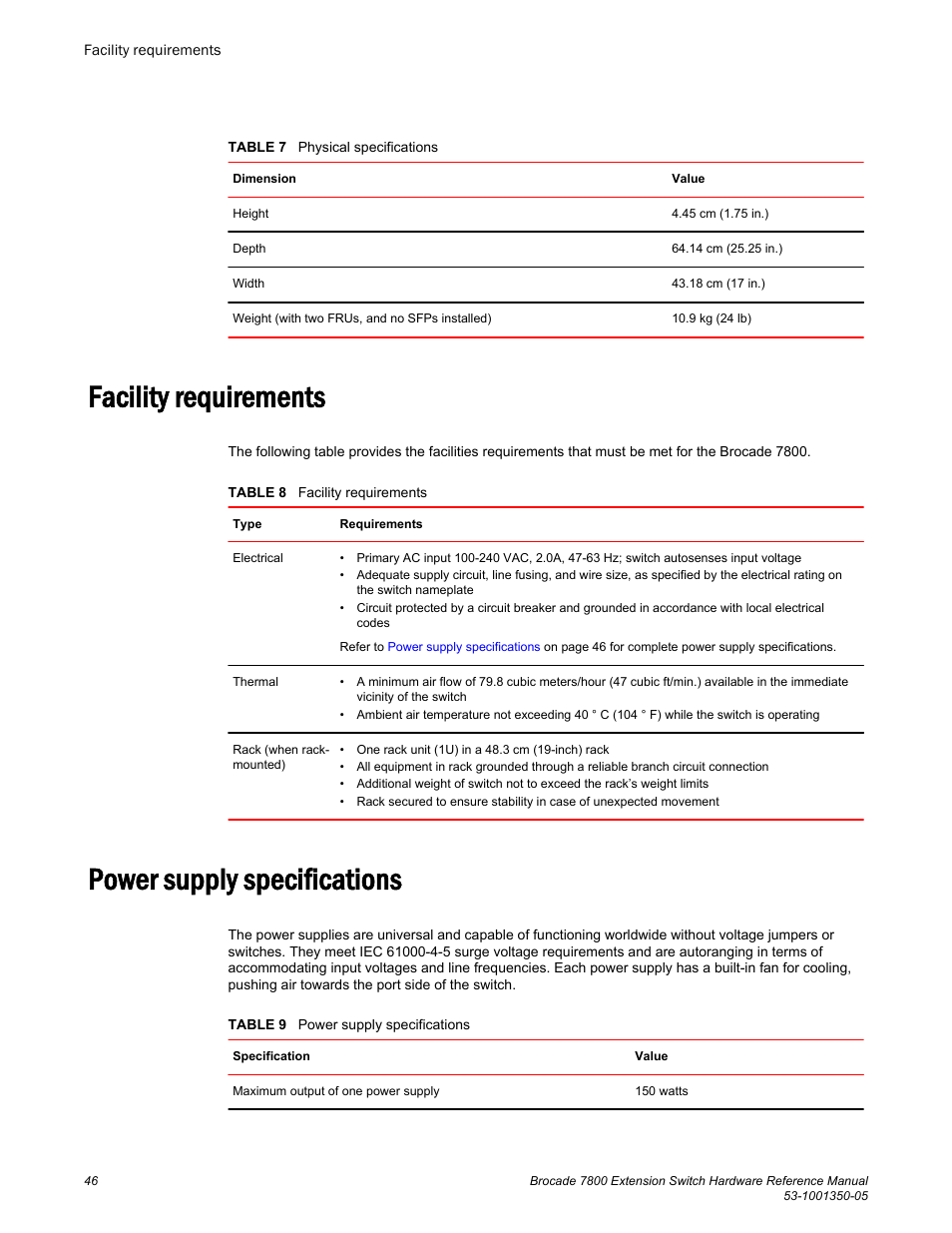 Facility requirements, Power supply specifications, Facility requirements power supply specifications | Brocade 7800 Extension Switch Hardware Reference Manual User Manual | Page 46 / 66