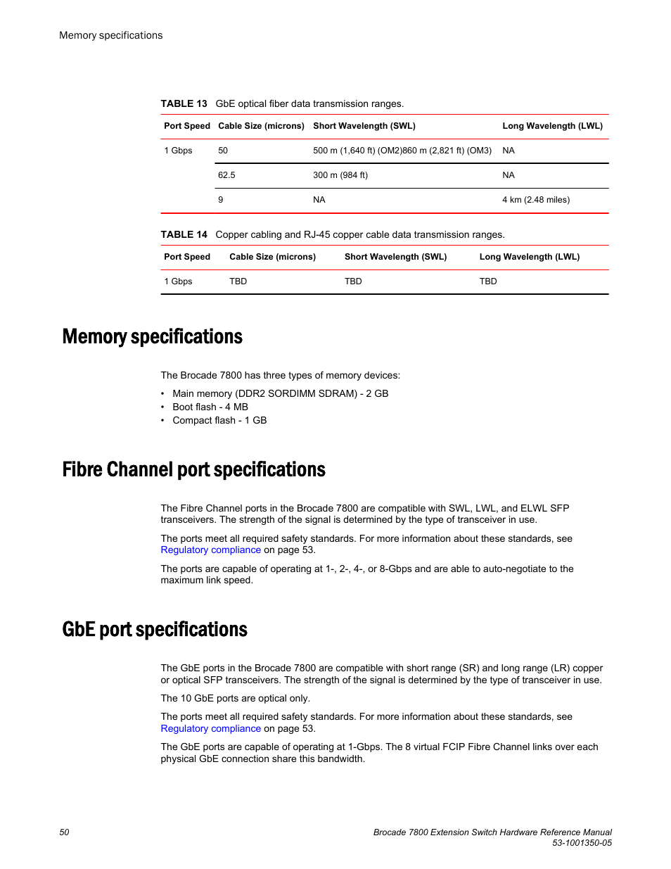 Memory specifications, Fibre channel port specifications, Gbe port specifications | Table 13, Table 14 | Brocade 7800 Extension Switch Hardware Reference Manual User Manual | Page 50 / 66