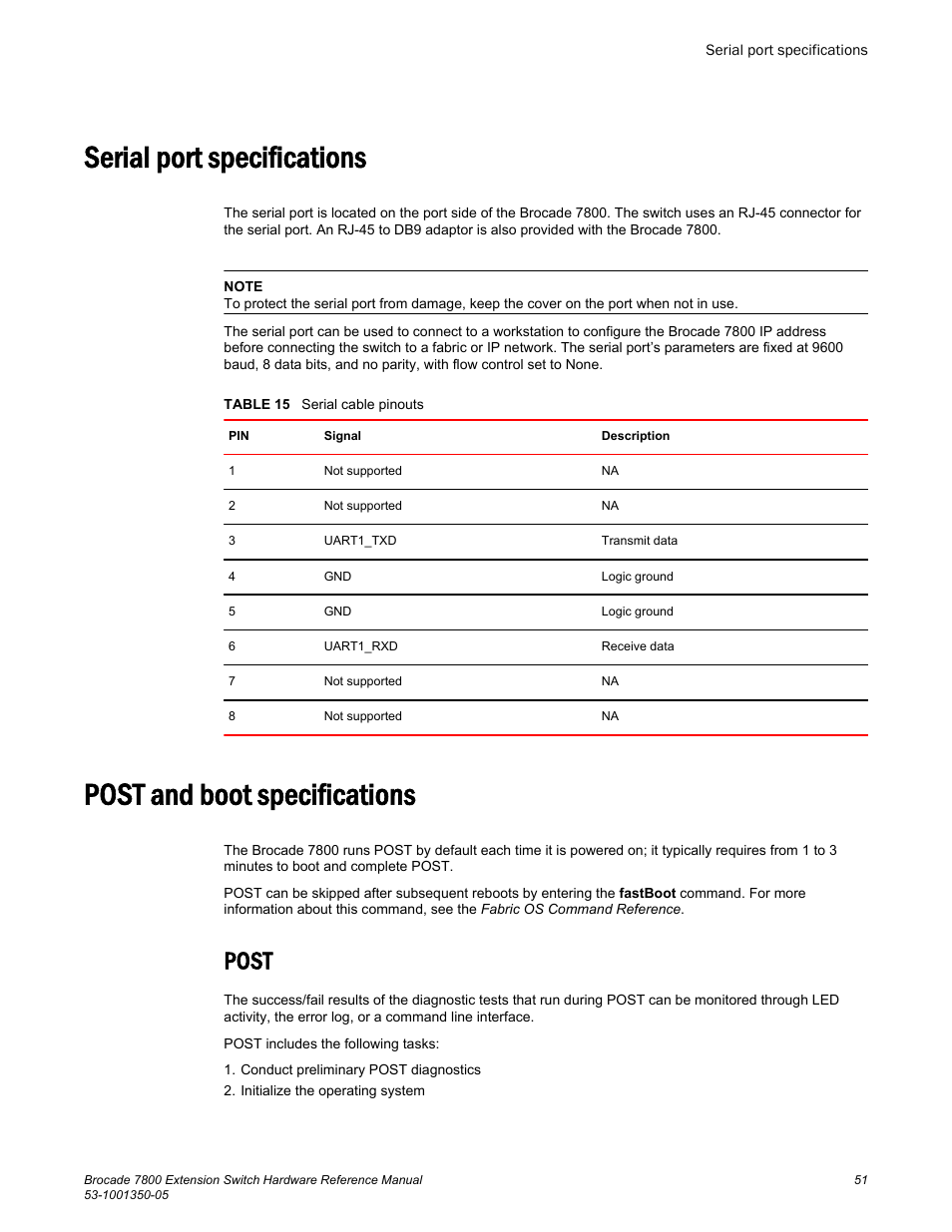 Serial port specifications, Post and boot specifications, Post | Brocade 7800 Extension Switch Hardware Reference Manual User Manual | Page 51 / 66