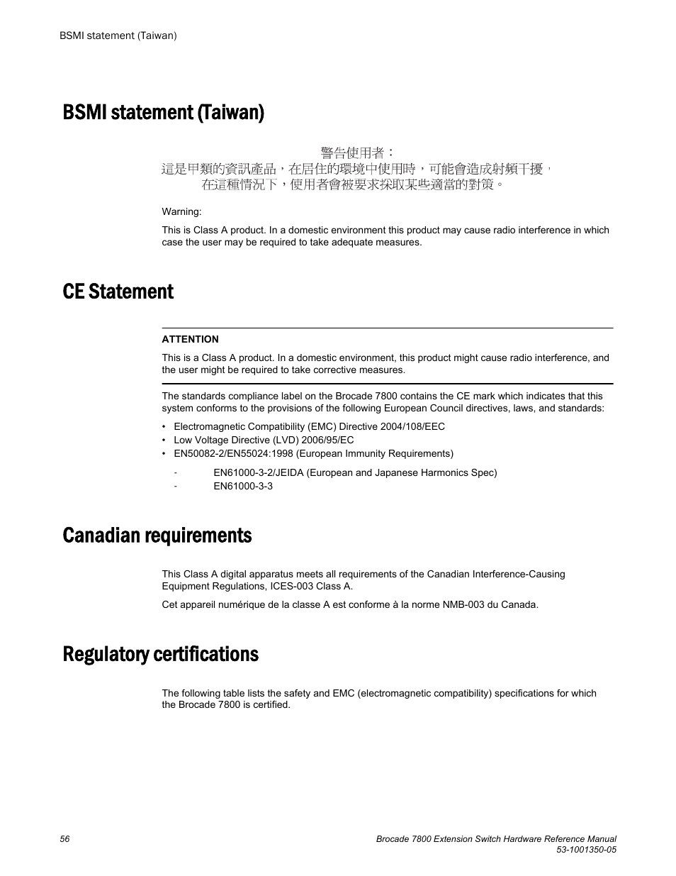 Bsmi statement (taiwan), Ce statement, Canadian requirements | Regulatory certifications | Brocade 7800 Extension Switch Hardware Reference Manual User Manual | Page 56 / 66