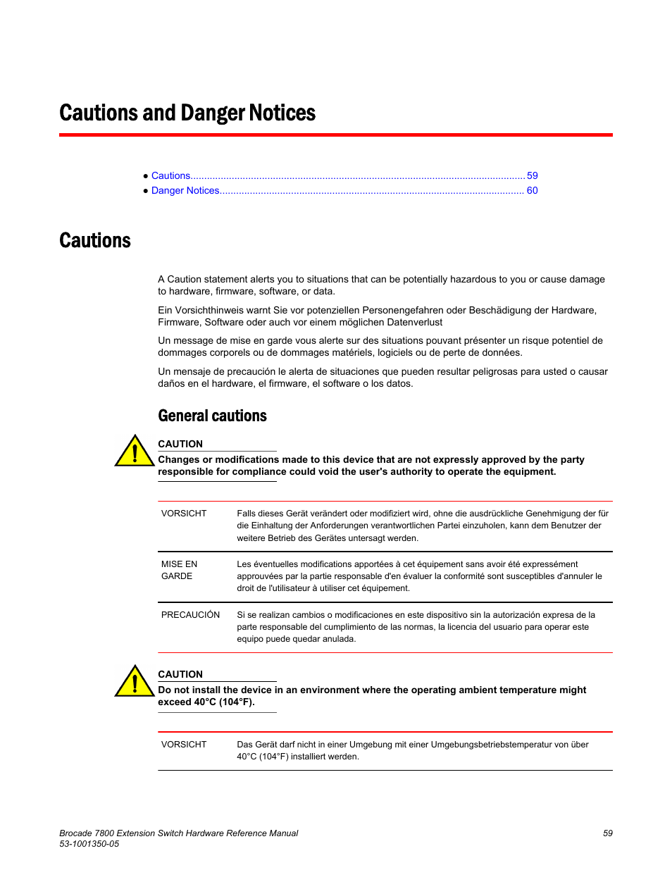 Cautions and danger notices, Cautions, General cautions | Brocade 7800 Extension Switch Hardware Reference Manual User Manual | Page 59 / 66