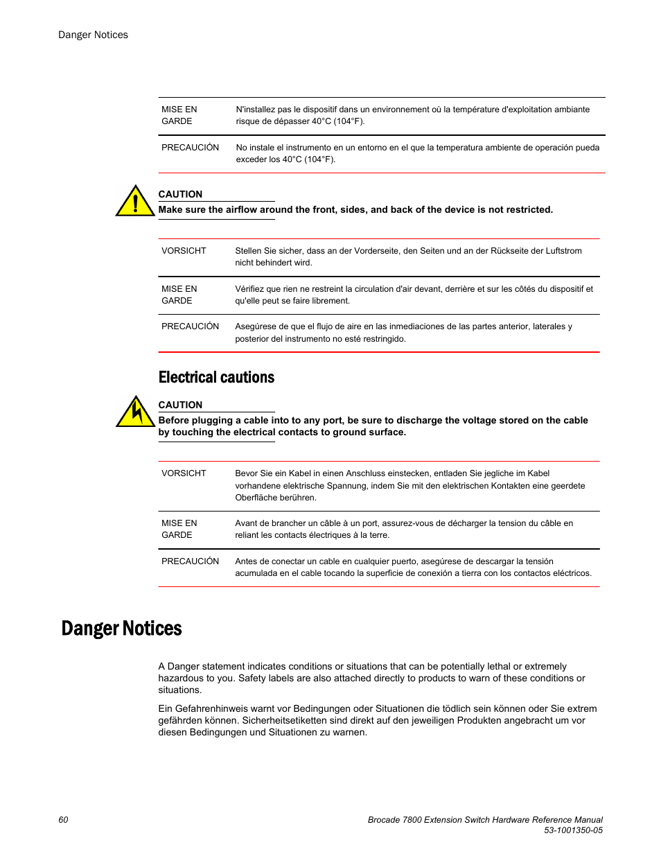 Danger notices, Electrical cautions | Brocade 7800 Extension Switch Hardware Reference Manual User Manual | Page 60 / 66