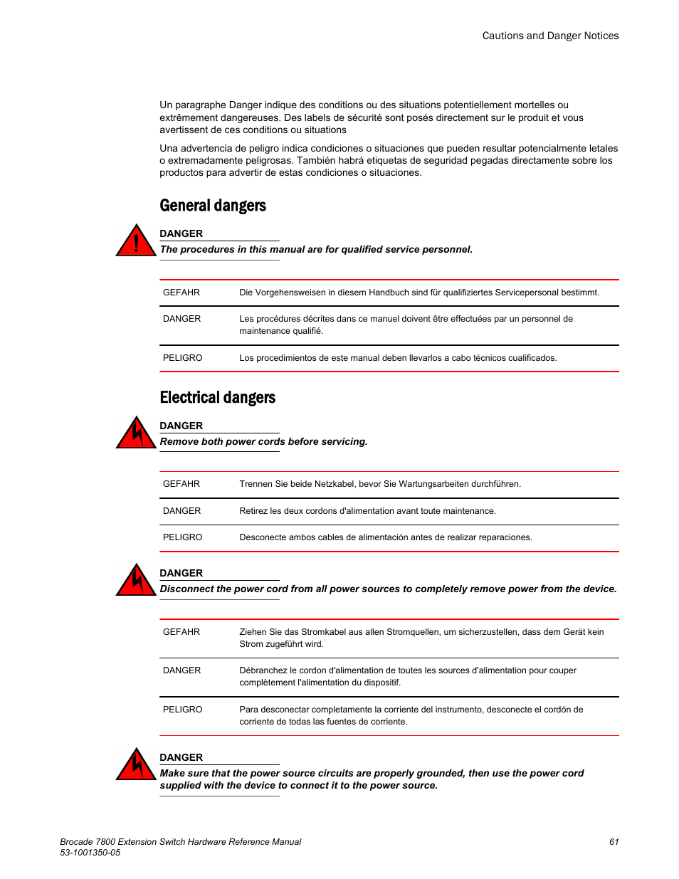 General dangers, Electrical dangers | Brocade 7800 Extension Switch Hardware Reference Manual User Manual | Page 61 / 66