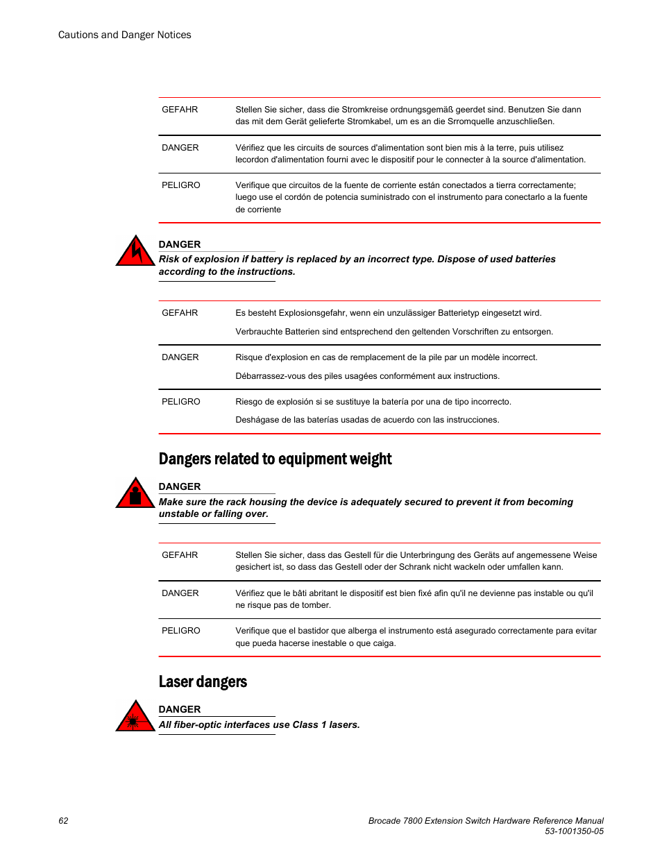 Dangers related to equipment weight, Laser dangers | Brocade 7800 Extension Switch Hardware Reference Manual User Manual | Page 62 / 66