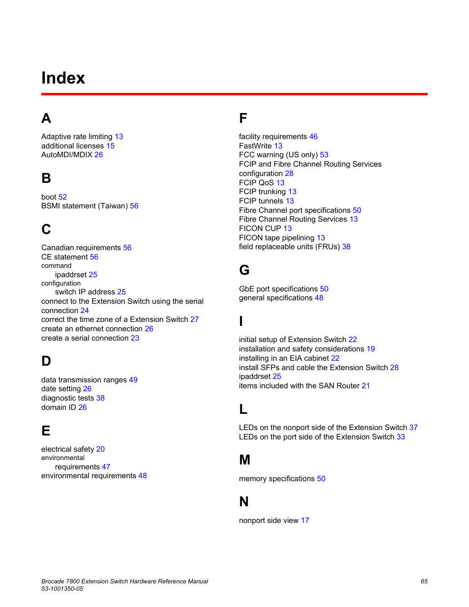 Index | Brocade 7800 Extension Switch Hardware Reference Manual User Manual | Page 65 / 66