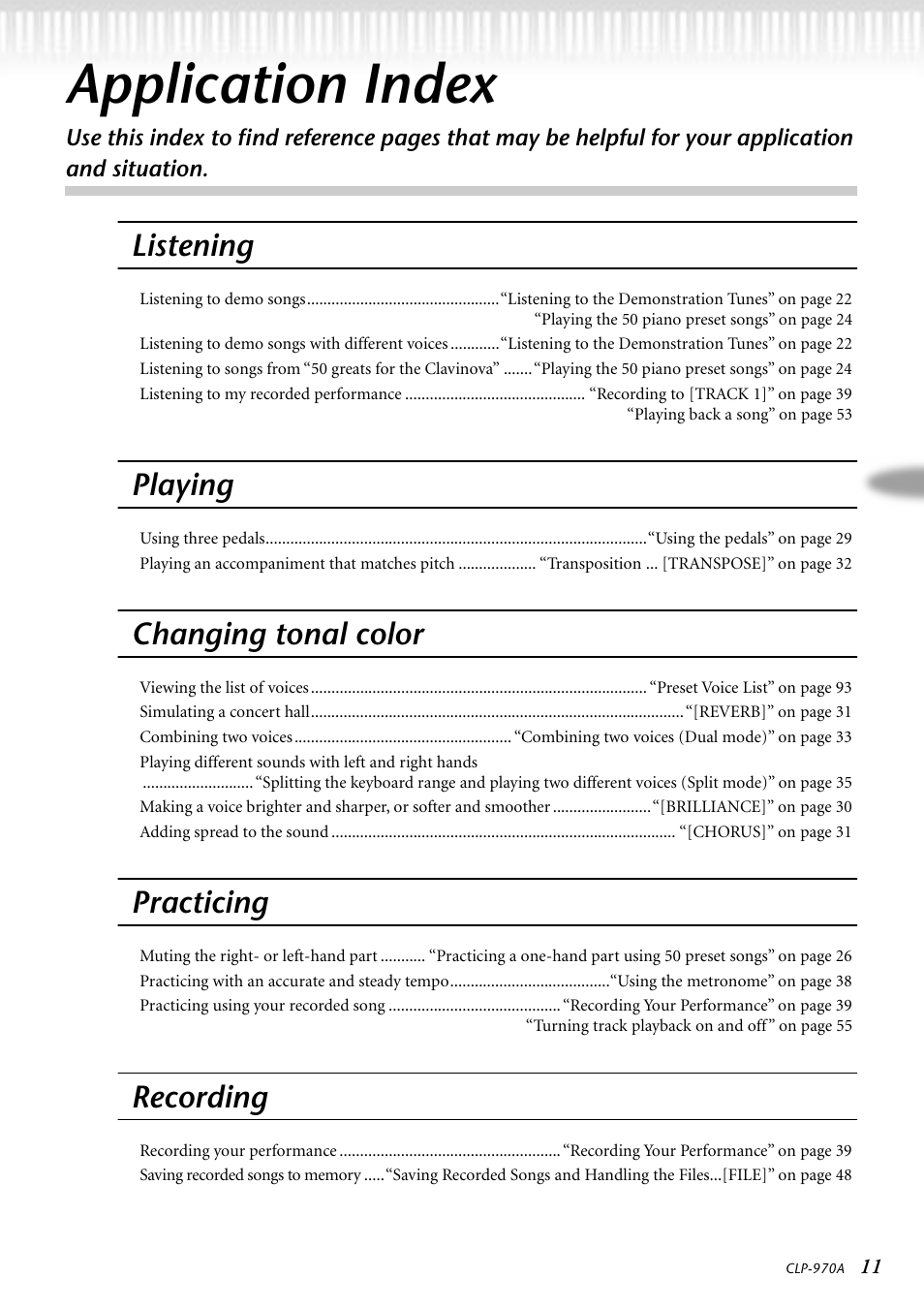 Application index, Listening, Playing | Changing tonal color, Practicing, Recording | Yamaha CLP-970AM User Manual | Page 11 / 104