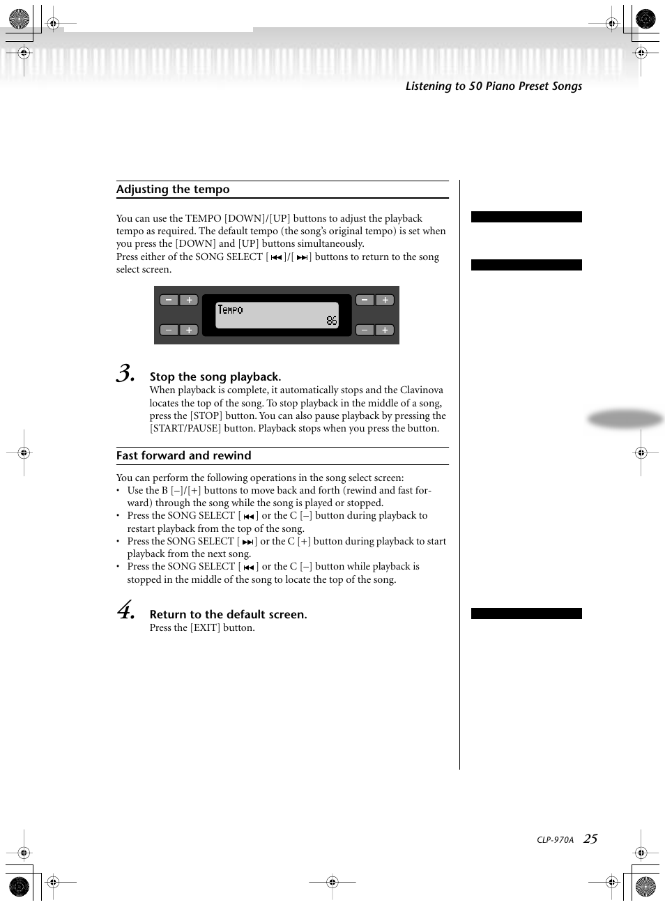 Adjusting the tempo, Stop the song playback, Fast forward and rewind | Return to the default screen | Yamaha CLP-970AM User Manual | Page 25 / 104