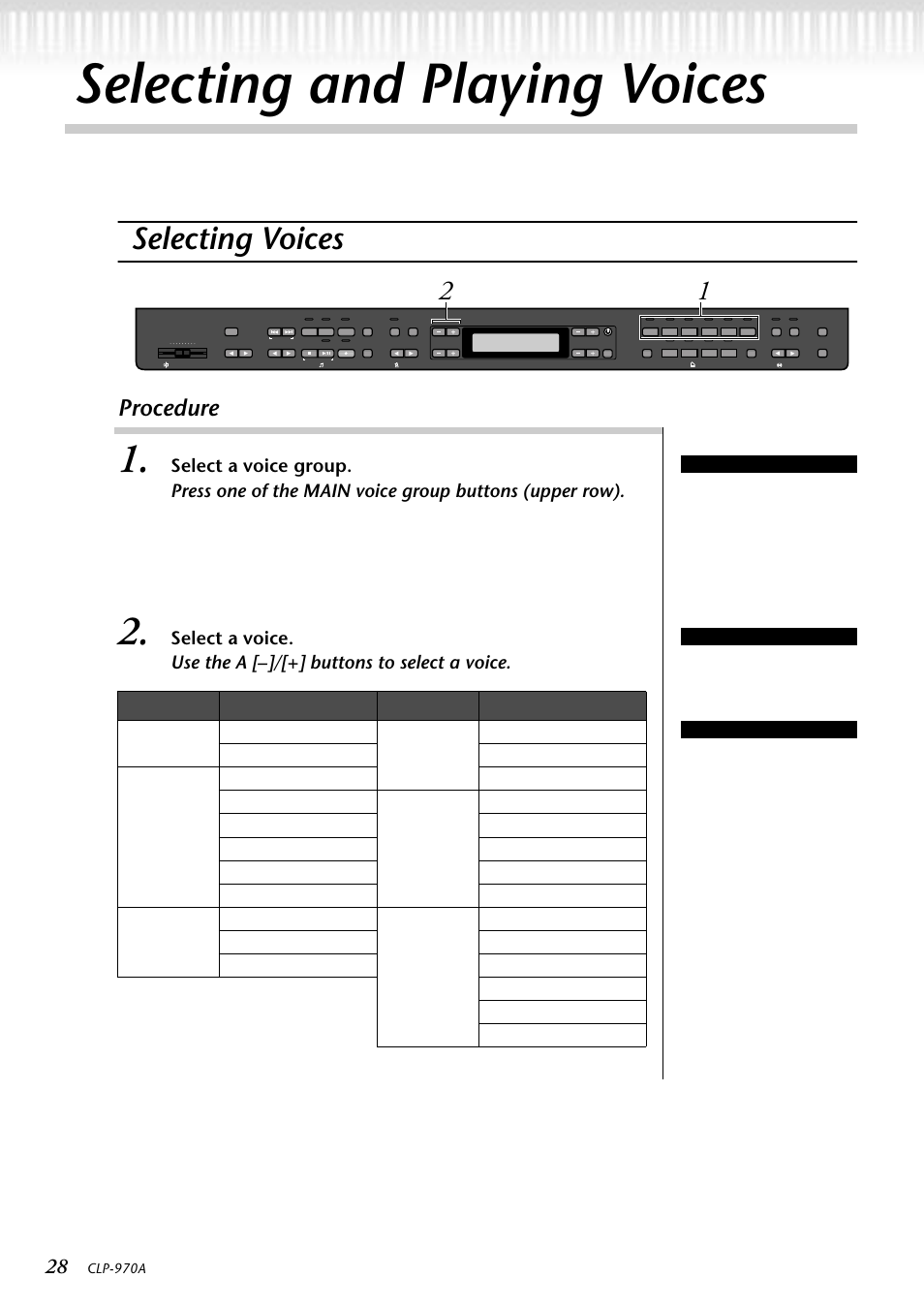 Selecting and playing voices, Selecting voices, Procedure | Select a voice group | Yamaha CLP-970AM User Manual | Page 28 / 104