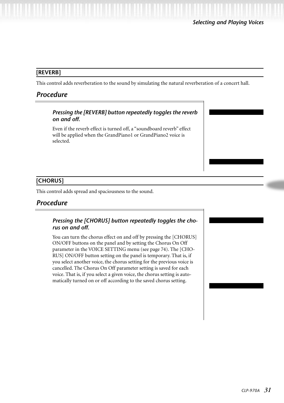 Reverb, Procedure, Chorus | Yamaha CLP-970AM User Manual | Page 31 / 104