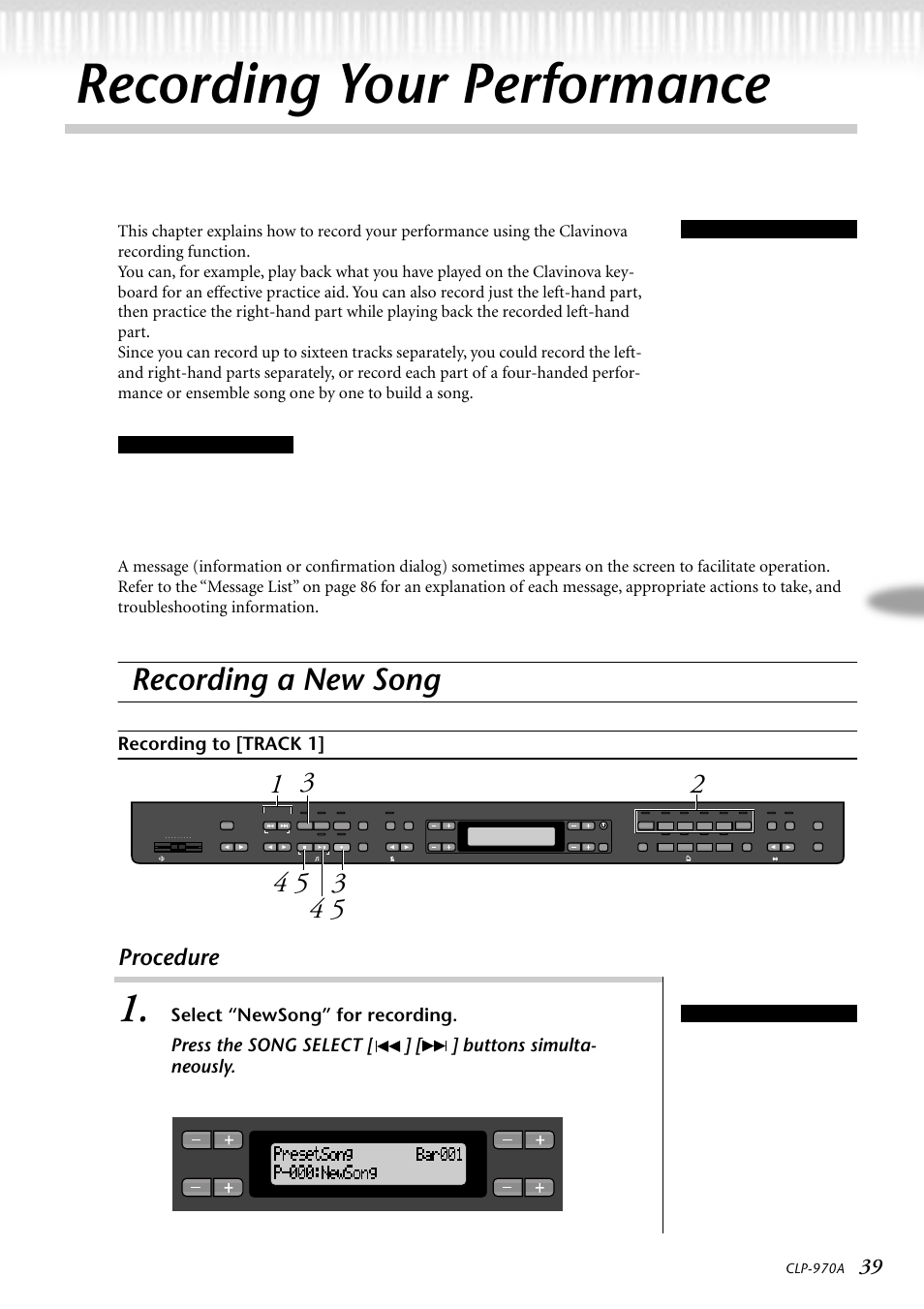 Recording your performance, Recording a new song, Recording to [track 1 | Procedure, Select "newsong" for recording | Yamaha CLP-970AM User Manual | Page 39 / 104