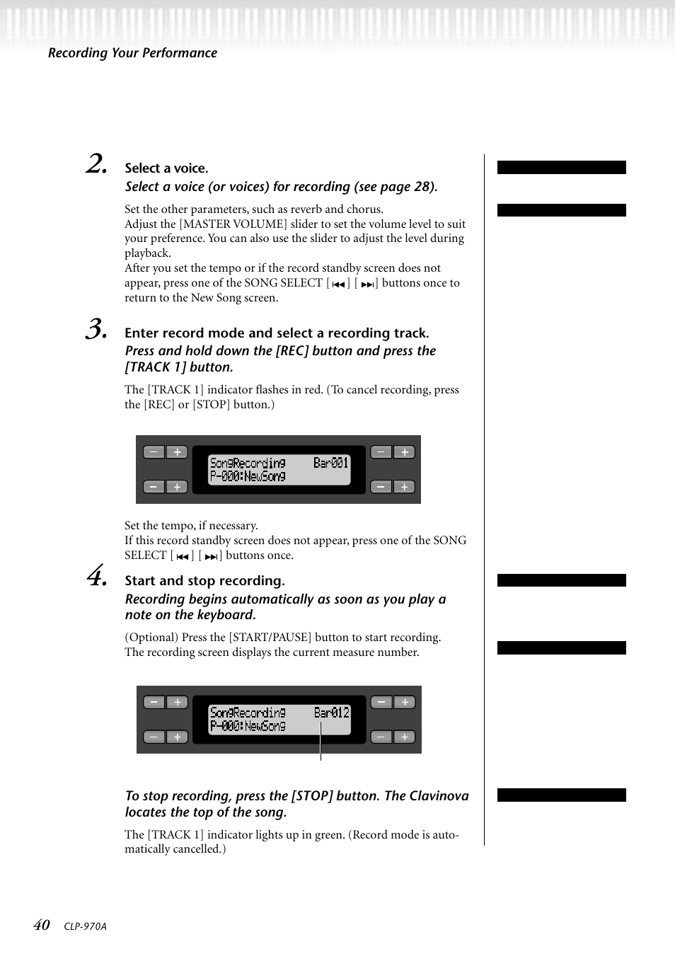 Select a voice, Enter record mode and select a recording track, Start and stop recording | Yamaha CLP-970AM User Manual | Page 40 / 104