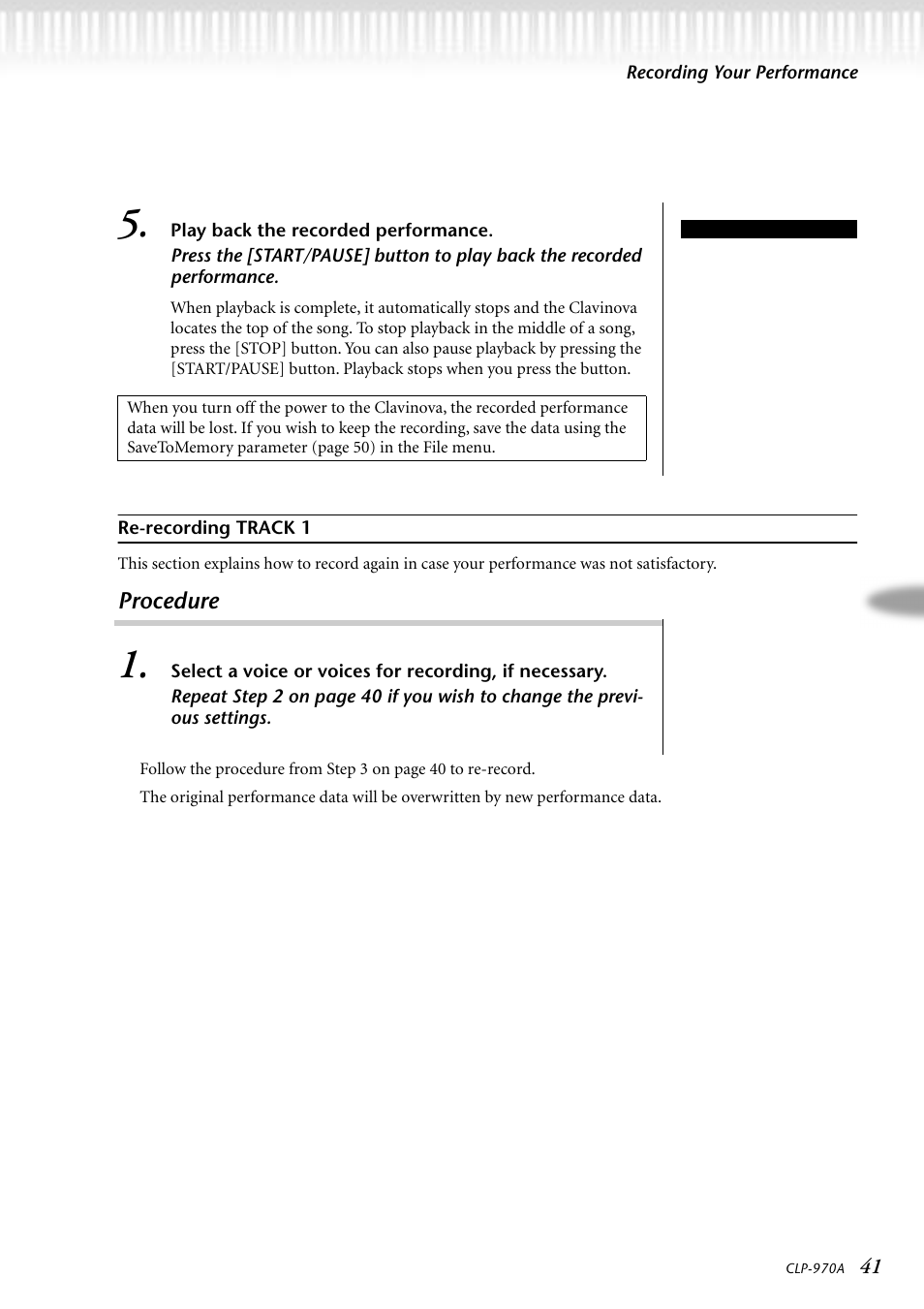 Play back the recorded performance, Re-recording track 1, Procedure | Yamaha CLP-970AM User Manual | Page 41 / 104